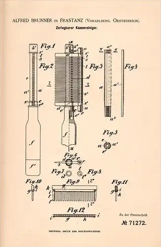 Original Patentschrift - A. Brunner in Frastanz , Vorarlberg , 1893 , zerlegbarer Kammreiniger , Kamm , Friseur , Haare