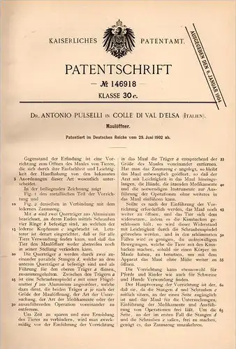 Original Patentschrift - Dr. A. Pulselli in Colle di Val d’Elsa , 1902 , Opener per la bocca negli animali !!!
