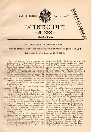 Original Patentschrift - Dr. L. Mary in Fegersheim i.E., 1902 , Dispositif de nettoyage pour les formulaires !!!
