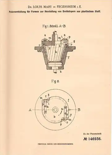 Original Patentschrift - Dr. L. Mary in Fegersheim i.E., 1902 , Dispositif de nettoyage pour les formulaires !!!