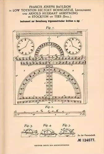 Original Patentschrift - F. Bayldon in Low Toynton Rectory Horncastle ,1898 , Apparatus for calculating, trigonometry !!