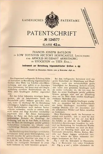 Original Patentschrift - F. Bayldon in Low Toynton Rectory Horncastle ,1898 , Apparatus for calculating, trigonometry !!