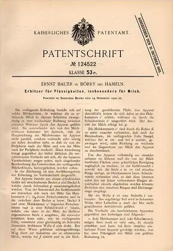 Original Patentschrift - Ernst Bauer in Börry b. Emmerthal , 1900 , Erhitzer für Milch , Hameln - Pyrmont !!!