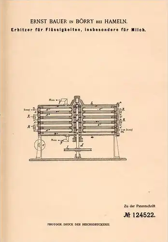 Original Patentschrift - Ernst Bauer in Börry b. Emmerthal , 1900 , Erhitzer für Milch , Hameln - Pyrmont !!!