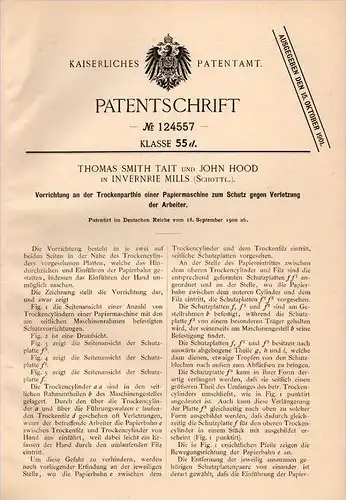 Original Patentschrift - Th. Tait and J. Hood in Inverurie paper mill , 1900 , paper machine with protection of workers