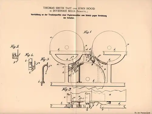 Original Patentschrift - Th. Tait and J. Hood in Inverurie paper mill , 1900 , paper machine with protection of workers