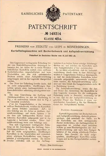 Original Patentschrift - Freiherr Franz von Zedlitz und Leipe in Meinerdingen b. Walsrode ,1902 , Kartoffelmaschine !!!