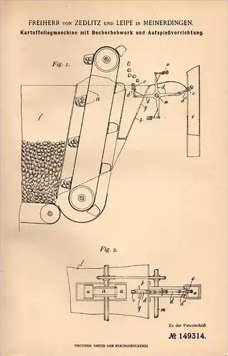 Original Patentschrift - Freiherr Franz von Zedlitz und Leipe in Meinerdingen b. Walsrode ,1902 , Kartoffelmaschine !!!