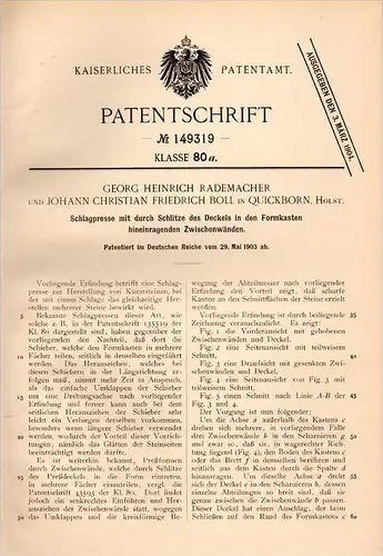 Original Patentschrift - G. Rademacher und J. Boll in Quickborn i. Holst., 1903 , Schlagpresse , Presse , Steine !!!