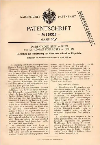 Original Patentschrift -Dr.B. Beer und Dr. A. Pollacsek in Wien und Berlin ,1902,Vibration für Körperteile Therapie Arzt