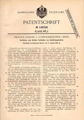 Original Patentschrift - R. Klinger in Gumpoldskirchen b. Wien , 1902 , Gasleitung - Verbindung , Gas , Acetylen !!!