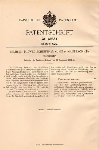 Original Patentschrift - W. Scheffer & Kühn in Manebach b. Ilmenau , 1902 , Thermometer , Quecksilber , Weingeist  !!!
