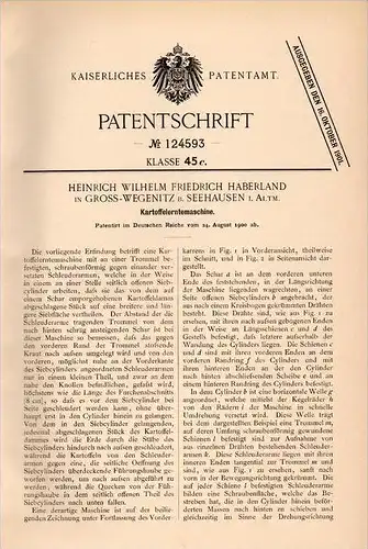 Original Patentschrift -H. Haberland in Groß Wegenitz b. Seehausen i. Altm., 1900 , Kartoffel - Erntemaschine , Agrar !!