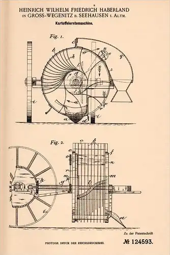 Original Patentschrift -H. Haberland in Groß Wegenitz b. Seehausen i. Altm., 1900 , Kartoffel - Erntemaschine , Agrar !!
