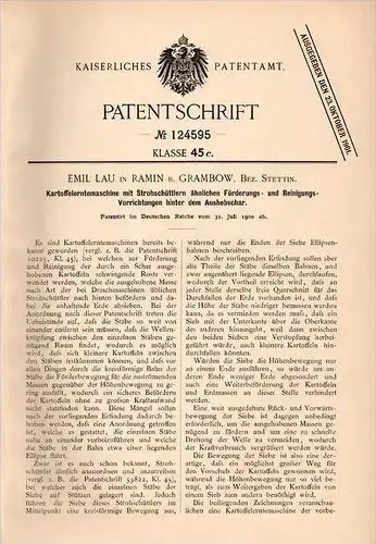 Original Patentschrift - Emil Lau in Ramin b. Grambow i. Meckl., 1900 , Kartoffel - Erntemaschine , Löcknitz , Penkun !!