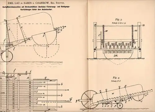 Original Patentschrift - Emil Lau in Ramin b. Grambow i. Meckl., 1900 , Kartoffel - Erntemaschine , Löcknitz , Penkun !!