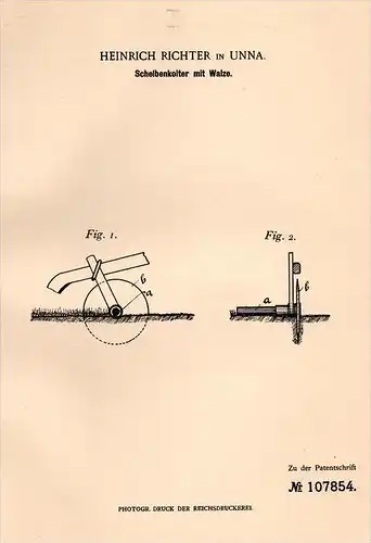 Original Patentschrift - H. Richter in Unna , 1899 , Scheibenkolter mit Walze , Landwirtschaft , Pflug , Agrar  !!!