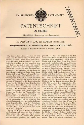 Original Patentschrift - H. Lannois dans Arc en Barrois , 1898 , Appareil pour l'éclairage au gaz acétylène !!!