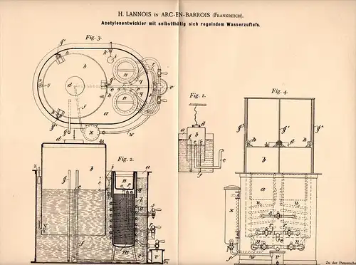 Original Patentschrift - H. Lannois dans Arc en Barrois , 1898 , Appareil pour l'éclairage au gaz acétylène !!!