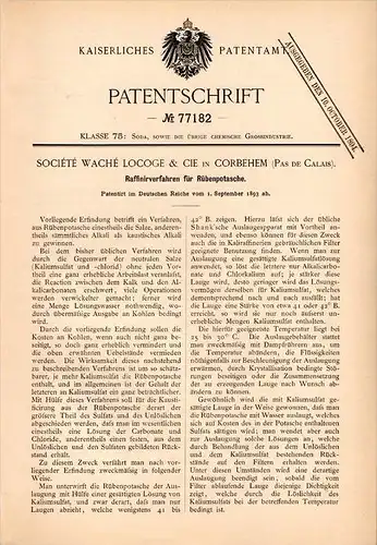Original Patentschrift - Waché Locoge & Cie in Corbehem , 1893 , Raffinage de la betterave, de la chimie !!!