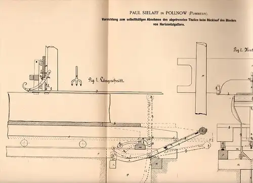 Original Patentschrift - Paul Sielaff in Pollnow / Polánow in Pommern , 1894 , Apparat für Gatter , Holz , Sägewerk !!!