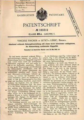 Original Patentschrift - V. Fischer in Letky b. Libschitz , 1905, Spülapparat mit Schwimmer , Sanitär , Libcice , Moldau