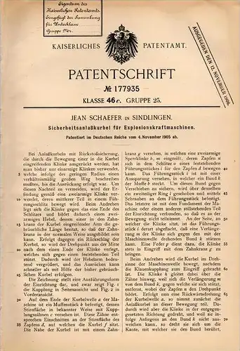 Original Patentschrift - Jean Schaefer in Sindlingen , 1905 , Anlaßkurbel für Kraftmaschinen , Motoren , Frankfurt !!!