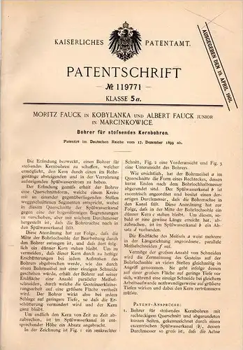Original Patentschrift - M. Fauck in Kobylanka und Marcinkowice , 1899 , Bohrer für Kernbohrung , Erdbohrer !!!