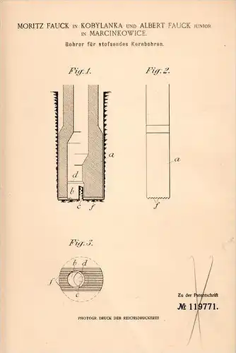 Original Patentschrift - M. Fauck in Kobylanka und Marcinkowice , 1899 , Bohrer für Kernbohrung , Erdbohrer !!!