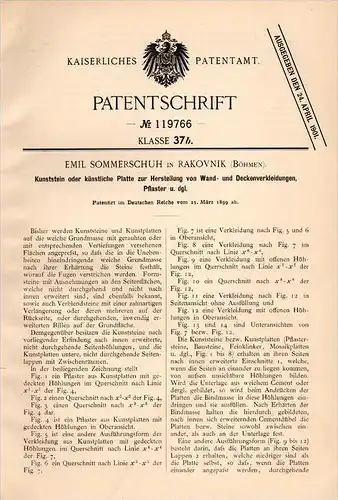 Original Patentschrift - E. Sommerschuh in Rakovnik i. Böhmen , 1899 , Kunststein für Wandverkleidung , Architektur !!!