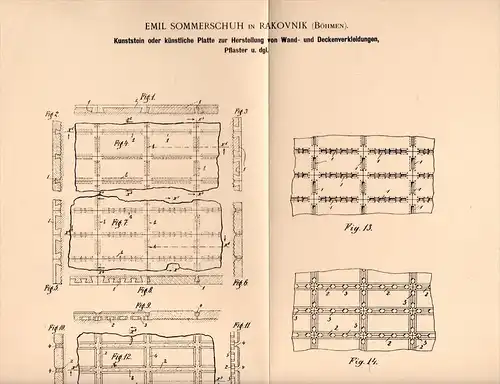 Original Patentschrift - E. Sommerschuh in Rakovnik i. Böhmen , 1899 , Kunststein für Wandverkleidung , Architektur !!!