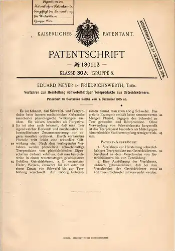 Original Patentschrift - E. Meyer in Friedrichswerth i. Thür., 1905 , Herstellung schwefelhaltiger Teerprodukte , Teer !