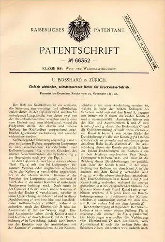 Original Patentschrift - U. Bosshard in Zürich , 1891 , Motor für Druckwasserbetrieb , Wasserwerk , Wasser , Pumpe !!!