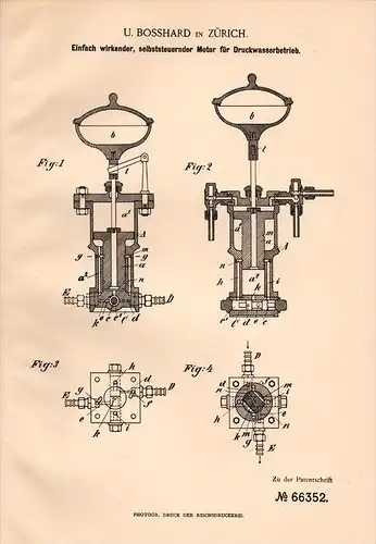 Original Patentschrift - U. Bosshard in Zürich , 1891 , Motor für Druckwasserbetrieb , Wasserwerk , Wasser , Pumpe !!!