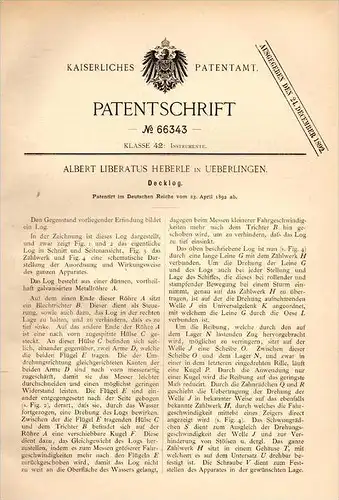 Original Patentschrift - A. Heberle in Überlingen , 1892 , Decklog , Apparat , Instrument , Log !!!