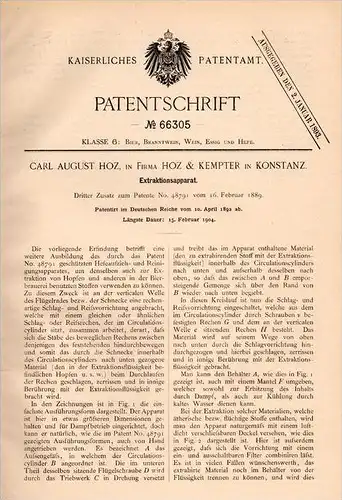 Original Patentschrift - Hoz & Kempter in Konstanz , 1892 , Extraktionsapparat , Bier , Brauerei , Hefe , Alkohol !!!