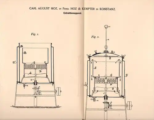 Original Patentschrift - Hoz & Kempter in Konstanz , 1892 , Extraktionsapparat , Bier , Brauerei , Hefe , Alkohol !!!