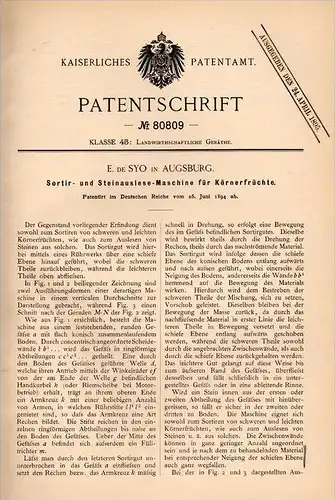Original Patentschrift - E. de Syo in Augsburg ,1894, Steinauslesemaschine für Körnerfrüchte , Agrar , Landwirtschaft !!