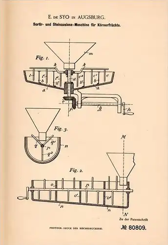 Original Patentschrift - E. de Syo in Augsburg ,1894, Steinauslesemaschine für Körnerfrüchte , Agrar , Landwirtschaft !!