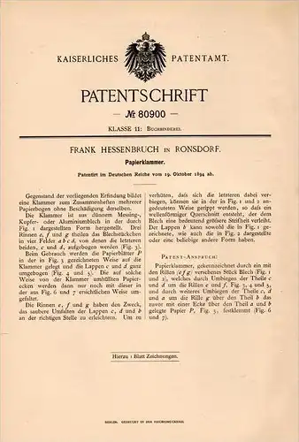 Original Patentschrift - F. Hessenbruch in Ronsdorf , 1894 , Papierklammer , Buchbinderei , Verlag , Wuppertal !!!