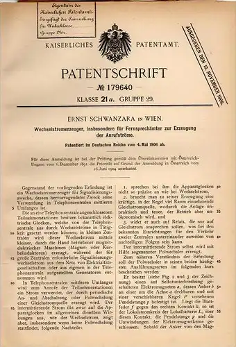 Original Patentschrift - E. Schwanzara in Wien , 1906 , Wechselstromerzeuger für Fernsprechamt , Telephon !!!