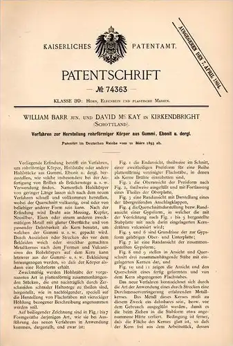 Original Patentschrift - W. Barr und D. Mc Kay in Kirkcudbright , 1893 , Producing a tubular body of rubber , ebonite !!