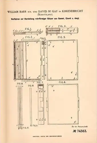 Original Patentschrift - W. Barr und D. Mc Kay in Kirkcudbright , 1893 , Producing a tubular body of rubber , ebonite !!