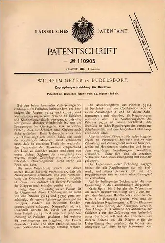 Original Patentschrift - W. Meyer in Büdelsdorf ,1898, Regelung für Heizöfen , Heizung , Ofen , Heizungsbau , Rendsburg