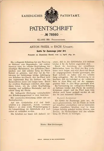 Original Patentschrift - A. Friedl in Ercsi , Ungarn , 1894 , Gebiß für Zaumzeug , Pferde , Pferd !!!