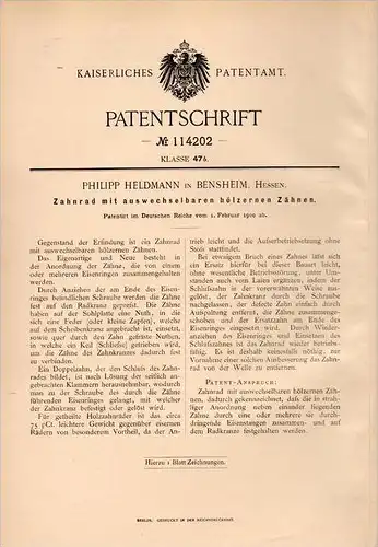 Original Patentschrift - P. Heldmann in Bensheim , Hessen , 1900 , Zahnrad mit Holzzähnen !!!