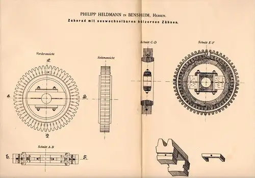 Original Patentschrift - P. Heldmann in Bensheim , Hessen , 1900 , Zahnrad mit Holzzähnen !!!