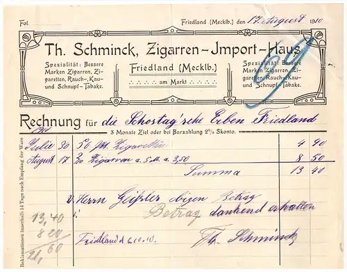 uralte Rechnung 1910 - Th. Schminck in Friedland , Zigarren - Haus , Tabak , Schostag , Mecklenburg !!!