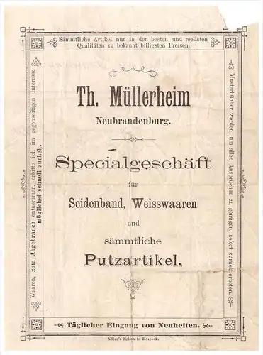 uralte Rechnung 1894 - Specialgeschäft Th. Müllerheim in Neubrandenburg , Seide , Putzartikel , Mecklenburg !!