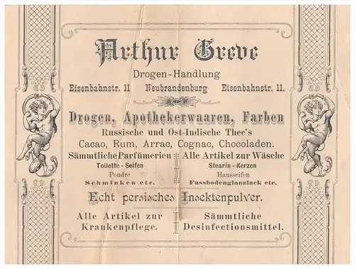 uralte Rechnung 1896 - Drogen - Handlung , A. Greve , Neubrandenburg , Cacao , Russischer - Indischer Tee , Apotheke !!!